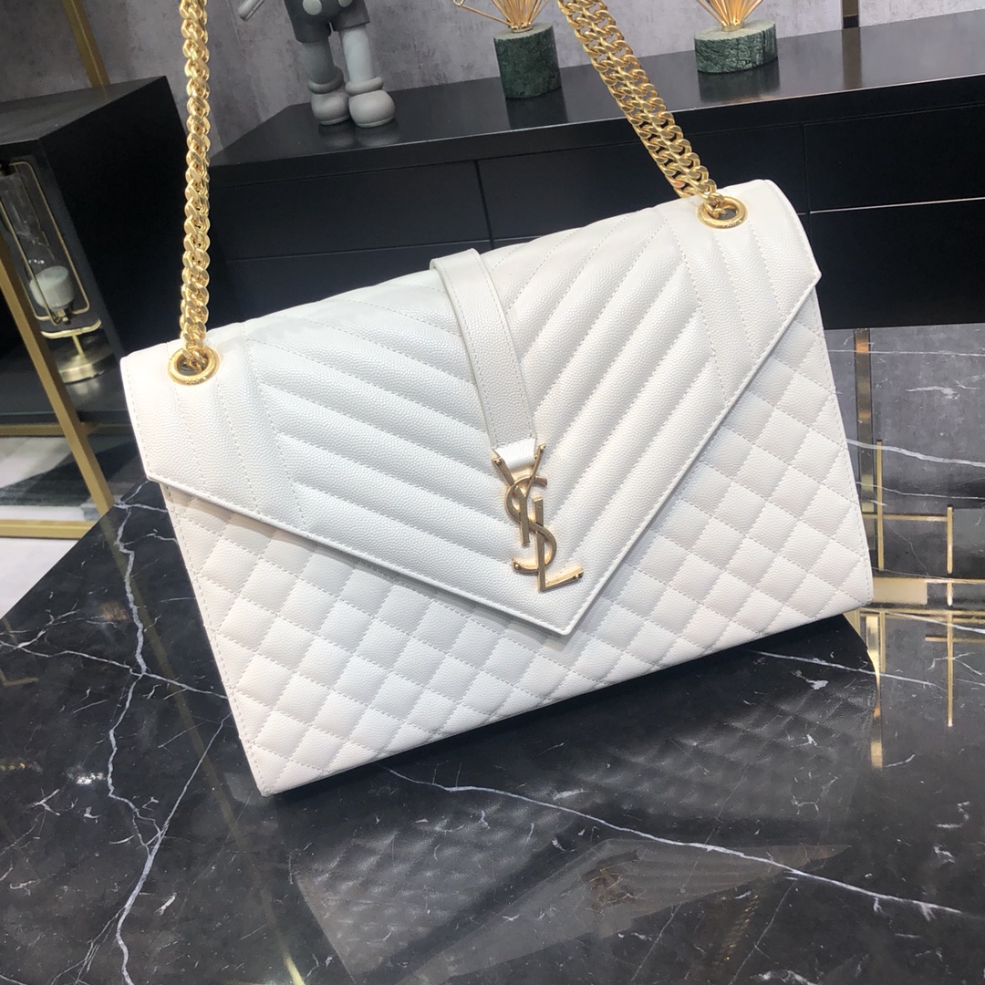 Saint Laurent Envelope Large Grain Quilted Calfskin Handbag White 487198